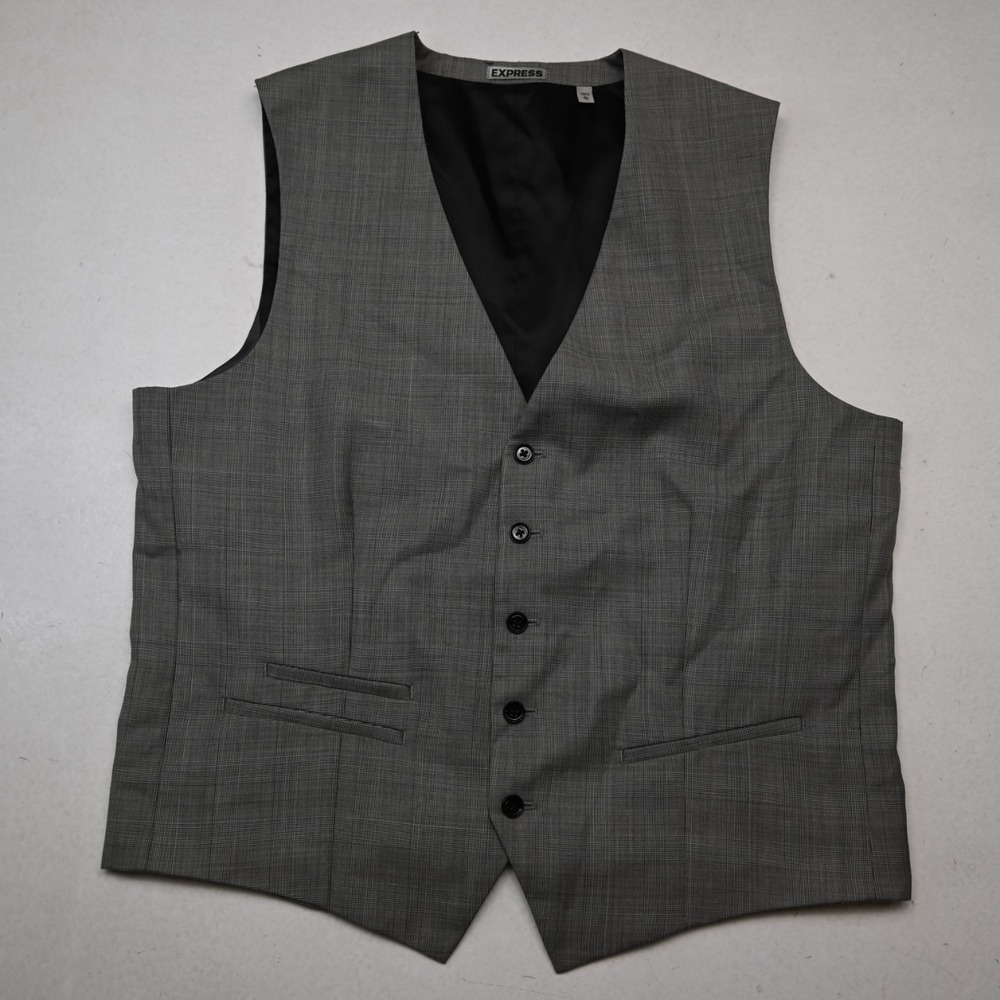 Express XL Gray Glenn Check Wool Formal Wedding Prom Suit Waistcoat Vest